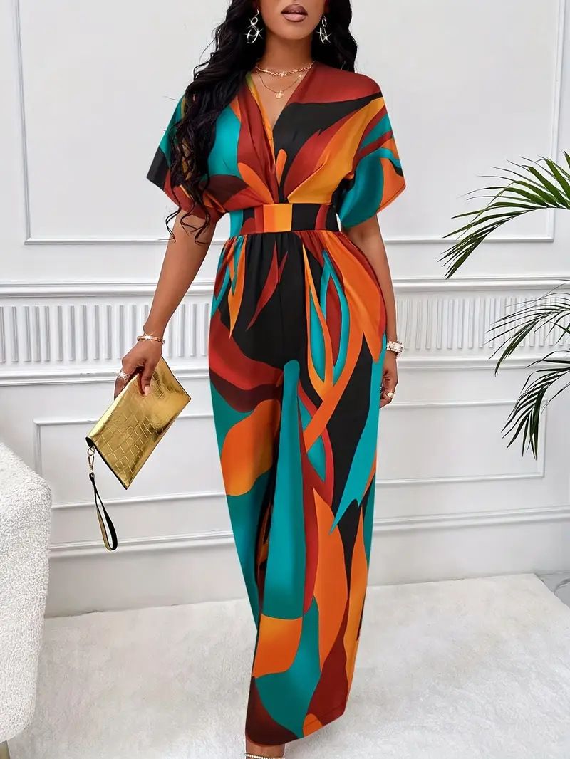 Women's Geometric Print Jumpsuit Batwing Sleeves Tie Waist European American Style Best Selling Item Amazon 2025_ecoleips.com
