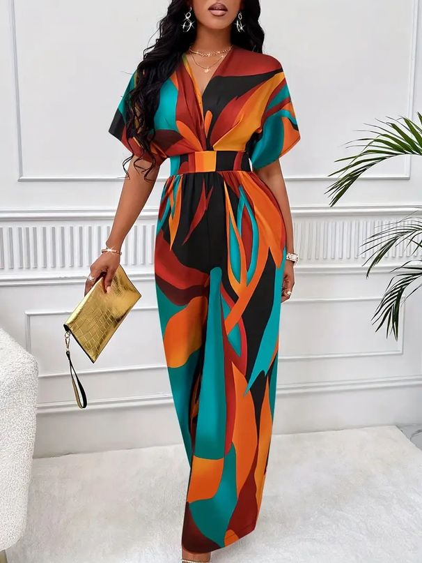 Women's Geometric Print Jumpsuit Batwing Sleeves Tie Waist European American Style Best Selling Item Amazon 2025_ecoleips.com