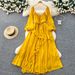 Women's French Style Resort Square Neck Puff Sleeve Dress Summer Yellow Ruffles Fitted Waist Full Skirt_ecoleips.com