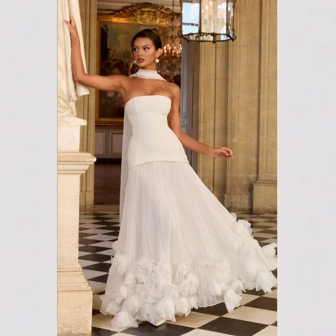 Strapless Waist Cinching Long Evening Dress Three Dimensional Petal Pleats Large Skirt Train European And American Style for Women_ecoleips.com