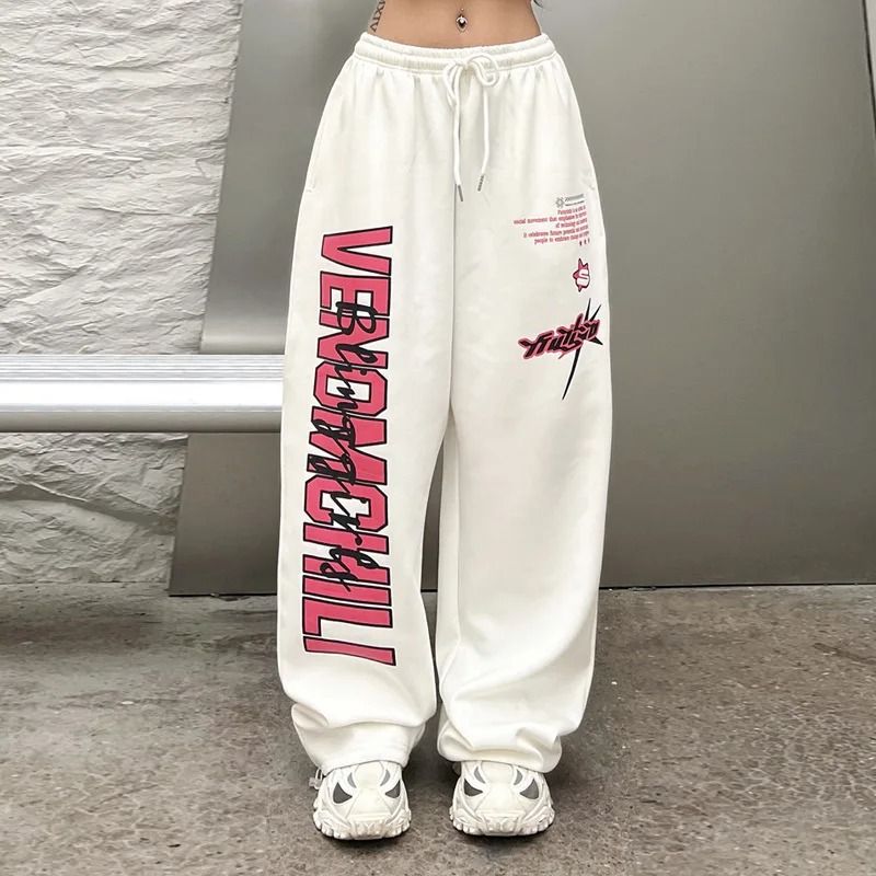 Women's Clothing Spring And Autumn Wide Leg Sweatpants For Women Hip Hop Print White Jazz Dance Sports Drawstring Trousers_ecoleips.com
