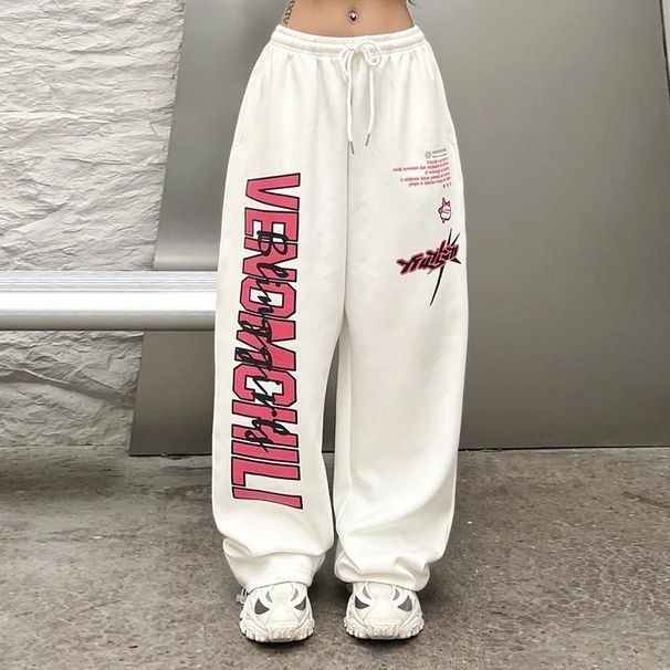 Women's Clothing Spring And Autumn Wide Leg Sweatpants For Women Hip Hop Print White Jazz Dance Sports Drawstring Trousers_ecoleips.com