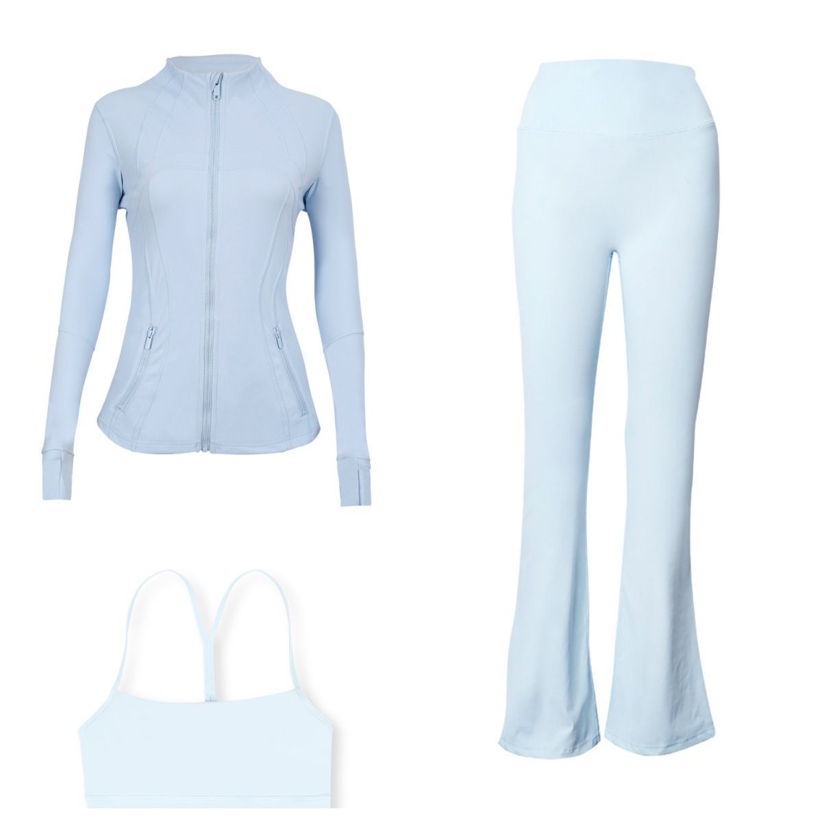 Women’s Flare-Leg Jacket & Y-Back Bra 3-Piece Set – Seamless Gym-to-Street Outfit For Yoga, Running & Lounge_ecoleips.com