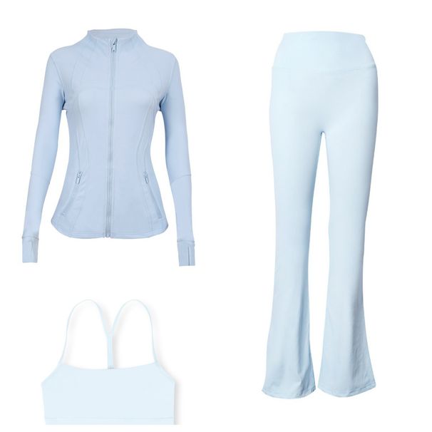 Women’s Flare-Leg Jacket & Y-Back Bra 3-Piece Set – Seamless Gym-to-Street Outfit For Yoga, Running & Lounge_ecoleips.com