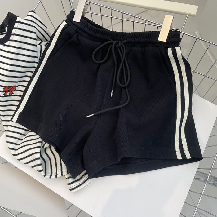 Women's High-Waisted Cotton Athletic Shorts With Stripes - Plus Size Casual Drawstring Shorts With Pockets_ecoleips.com
