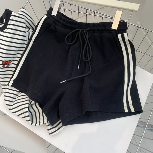Women's High-Waisted Cotton Athletic Shorts With Stripes - Plus Size Casual Drawstring Shorts With Pockets_ecoleips.com