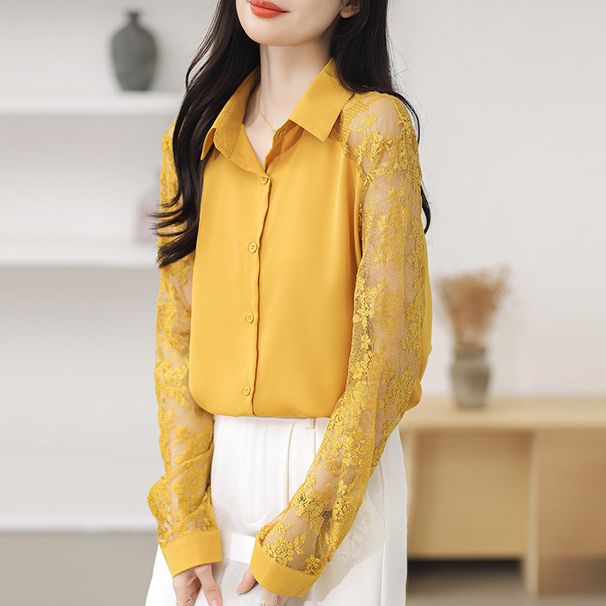 Women's Clothing Lapel Lace Splicing Chiffon Shirt Top Cardigan Shirt_ecoleips.com