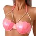 Women's Solid Color Shell Swimsuit European American Style With Underwire Support Pearl Lace Up Bow Halter Neck Swimwear_ecoleips.com