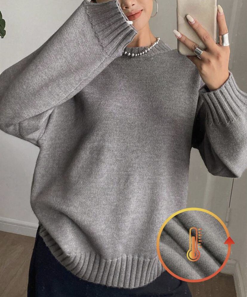 Women's Long Sleeve Knit Sweater - Casual Round Neck Pullover Top, Winter Solid Color Streetwear, Stretchy & Comfortable (Grey, Black, Beige)_ecoleips.com