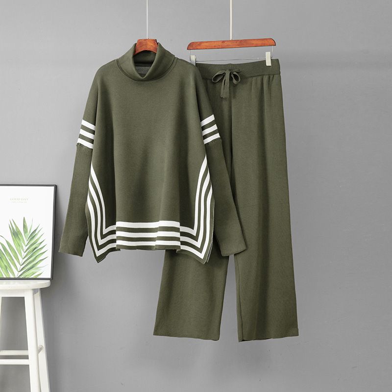 Women's High Neck Striped Cape And Wide Leg Pants Two Piece Set Casual Loose Fashion Suit European And American Style_ecoleips.com