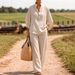 Women's Linen-Blend Button-Down Shirt & Wide-Leg Pants Set | Breathable Spring Summer Casual Outfit In 7 Colors_ecoleips.com