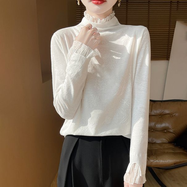 Aria Basics Aria Basics 2025 Spring New Elegant Soft Versatile Women's Base Shirt With Half High Collar And Lace Trim Knit Top_ecoleips.com