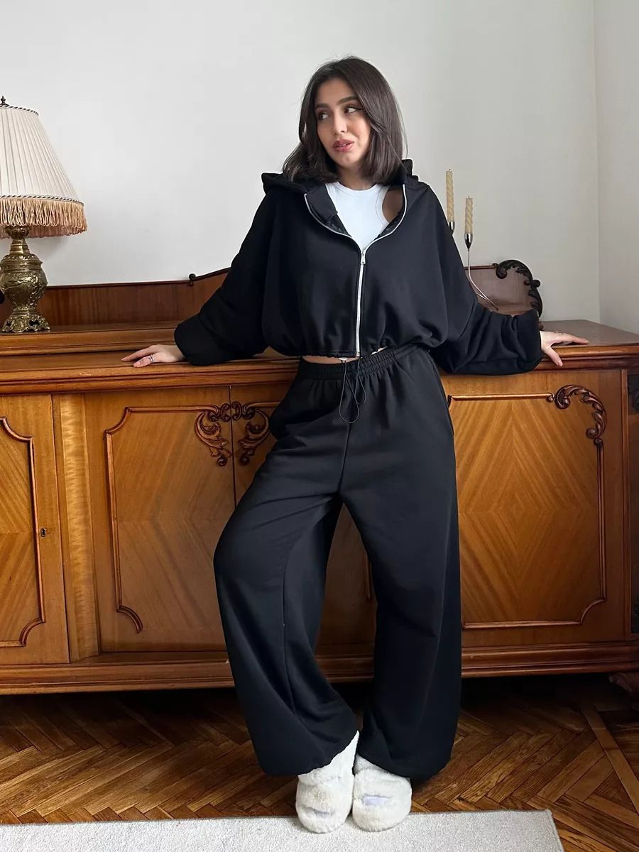 Women's Casual Suit Solid Color Long-sleeved Zipper Cardigan Drawstring Hooded Sweater Sports Elastic Pants Two-piece Set_ecoleips.com