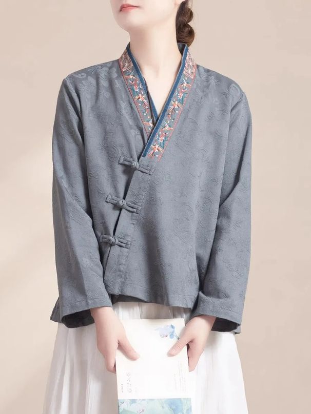 A Casual, Loose And Artistic Spring And Autumn Blouse For Women With A Chinese-Style Retro Front, Embroidered Buttons, C_ecoleips.com