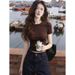 Premium Front Shoulder Brown T-shirt Women's Short Sleeve 2026 New Inner Base Slim Ins Early Spring Temperament Top_ecoleips.com