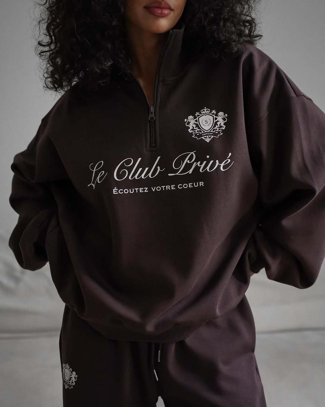 Women's Clothing Half-Zip Printed Sweatshirt – Casual Streetwear Pullover With Letter Graphic (S-L, Coffee Brown)_ecoleips.com