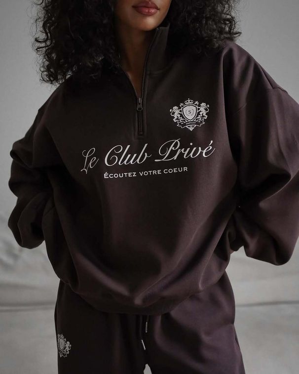 Women's Clothing Half-Zip Printed Sweatshirt – Casual Streetwear Pullover With Letter Graphic (S-L, Coffee Brown)_ecoleips.com