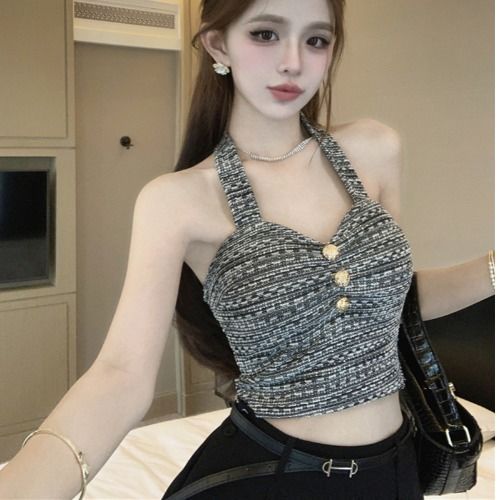 Elegant And Chic Halter Neck Camisole For Women, New Spring/Summer American Retro Short Top, Fashionable Inner Layer Top_ecoleips.com
