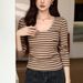 2025 #Pure Cotton Premium # Striped T-Shirt Women's Long Sleeved 2025 Autumn New Item U-Neck Spicy Girl Slim Fit Base Shirt_ecoleips.com