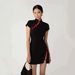 Women's Traditional Chinese Style Dress Stand Collar Button Detail Cheongsam Black Red Color Block Short Spicy New Summer Fashion_ecoleips.com