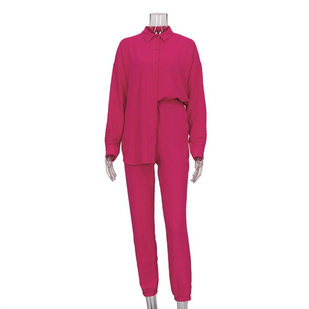 Women's Clothing new casual suit solid color lapel long-sleeved shirt top harem pants two-piece suit_ecoleips.com