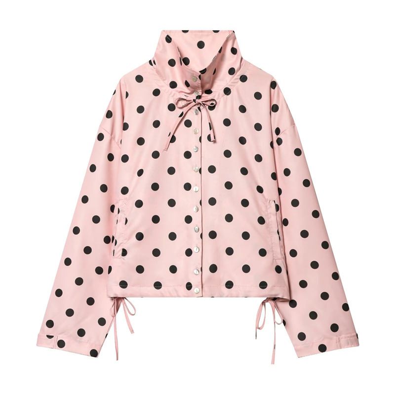 Women's Clothing Pink Polka Dot Stand Collar Jacket Loose Casual Long Sleeve Polyester Leather Elegant Fashion Daily Wear Spring Outerwear_ecoleips.com