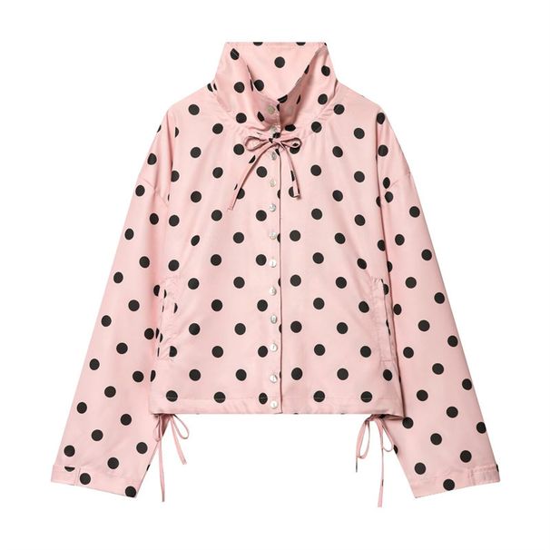 Women's Clothing Pink Polka Dot Stand Collar Jacket Loose Casual Long Sleeve Polyester Leather Elegant Fashion Daily Wear Spring Outerwear_ecoleips.com