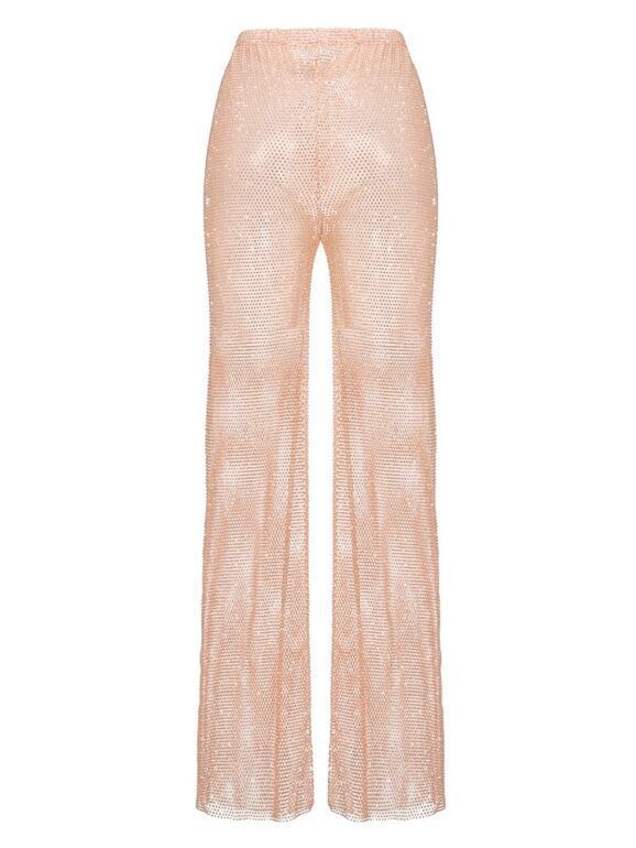 Women’s Clothing Glittery Look Elegant Temperament Mesh Rhinestone Casual Pants Straight Trousers Rhinestone Perspective Pants_ecoleips.com