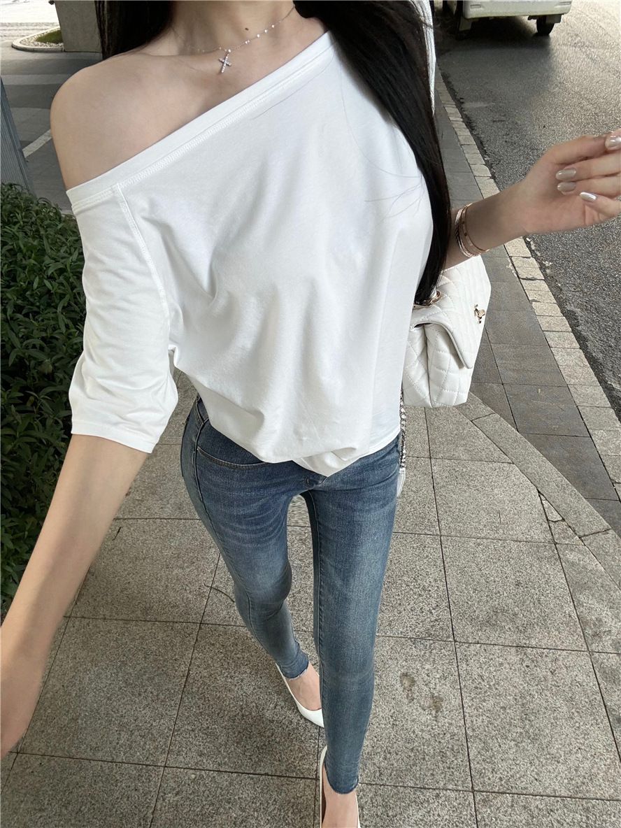 Slant Shoulder Loose Spice Girl Short-sleeved T-shirt Women's Summer New Casual Irregular Solid Color Versatile Student Top_ecoleips.com