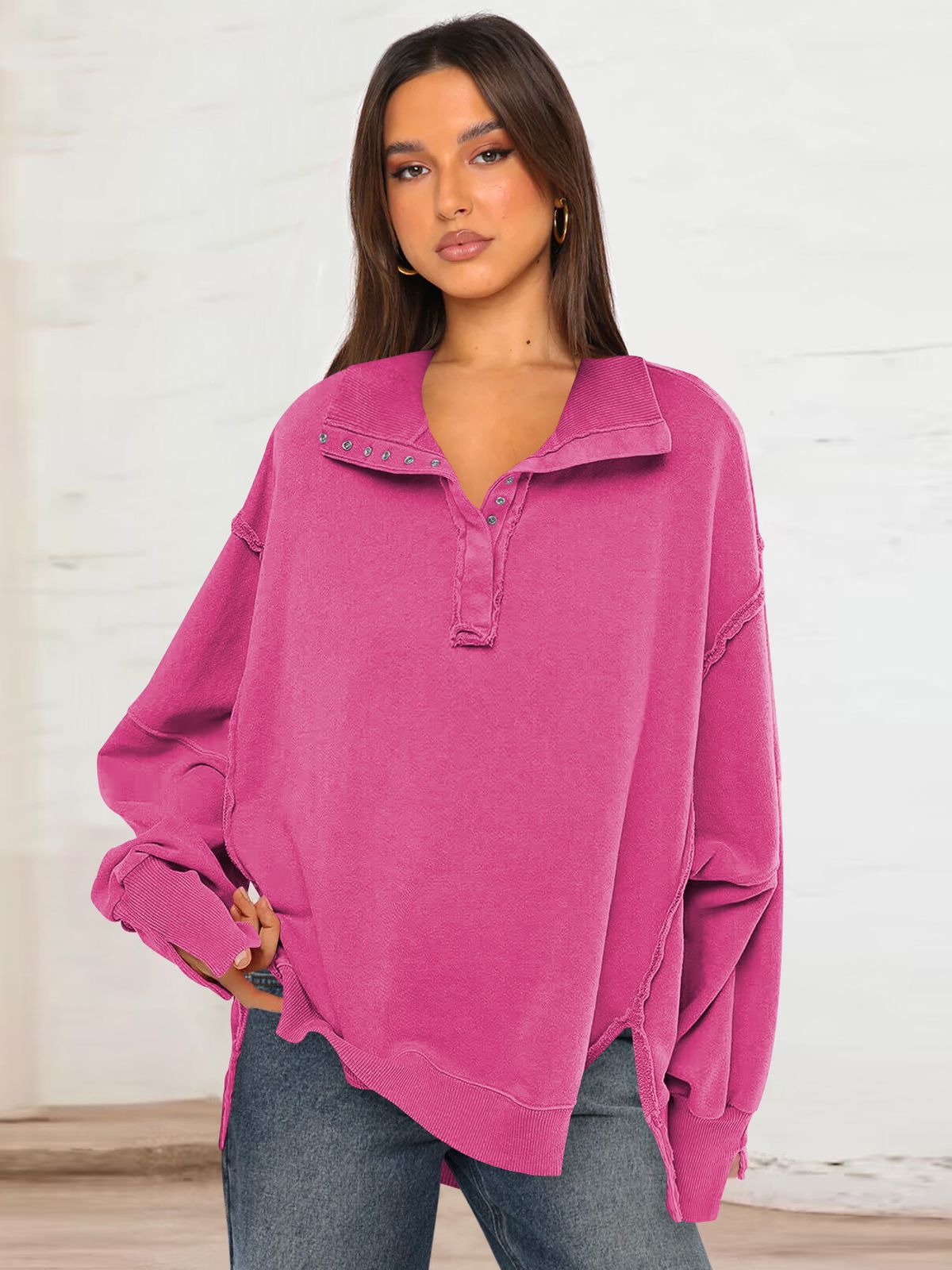 Women's Decorative Line Design Split Lantern Sleeve Polo Collar Sweatshirt Jacket Spring Autumn Top_ecoleips.com