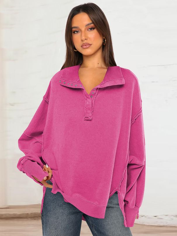Women's Decorative Line Design Split Lantern Sleeve Polo Collar Sweatshirt Jacket Spring Autumn Top_ecoleips.com