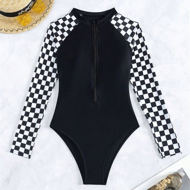 Women's Clothing One-piece Swimsuit Women's Sexy Plaid Long Sleeve Sunscreen Bikini_ecoleips.com