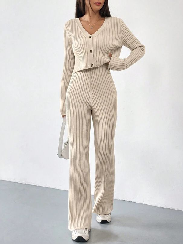 Women's Autumn Casual Straight-Leg Pants V-Neck Haier Roll Wash And Dry Set_ecoleips.com