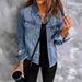 Vintage Washed Denim Jacket For Women – Non-Stretch Distressed V-Neck Long Sleeve Coat (S-2XL, Dark/Light Blue)_ecoleips.com