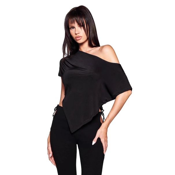 Women's Pure Asymmetrical Neckline Short Sleeved T-Shirt Summer Casual Basic Fitted Waist American Style Irregular Top_ecoleips.com