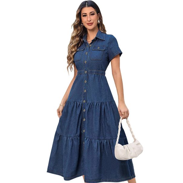 Women's Denim Collared Cardigan Slim Waist Long Dress Short Sleeved_ecoleips.com