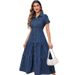 Women's Denim Collared Cardigan Slim Waist Long Dress Short Sleeved_ecoleips.com