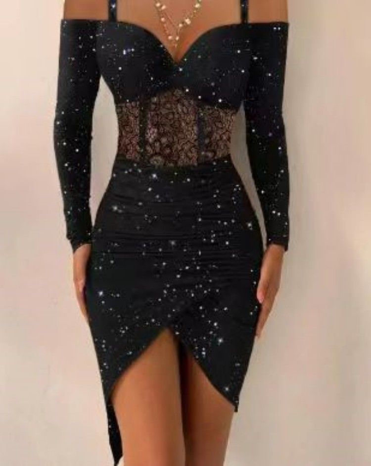 Bodycon Sexy Sheer Off-Shoulder Shiny Dress For Women_ecoleips.com