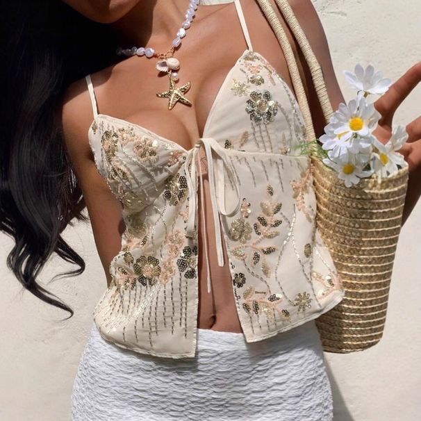 's New Summer Cross-border European And American Women's Fashion Embroidered Sequin Camisole Sexy Hot Girl Tank_ecoleips.com