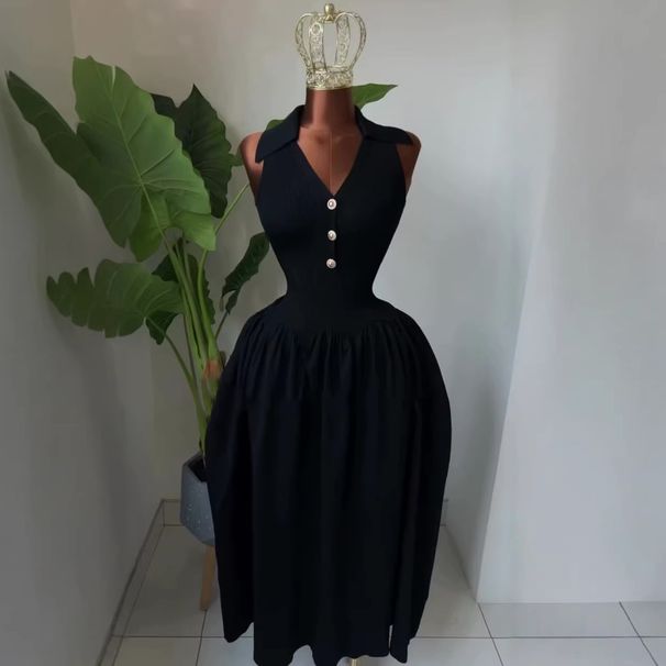 Elegant High-Waisted A-Line Sleeveless Dress – Summer V-Neck Shift Dress With Lapel Collar (Wine Red/Black)_ecoleips.com
