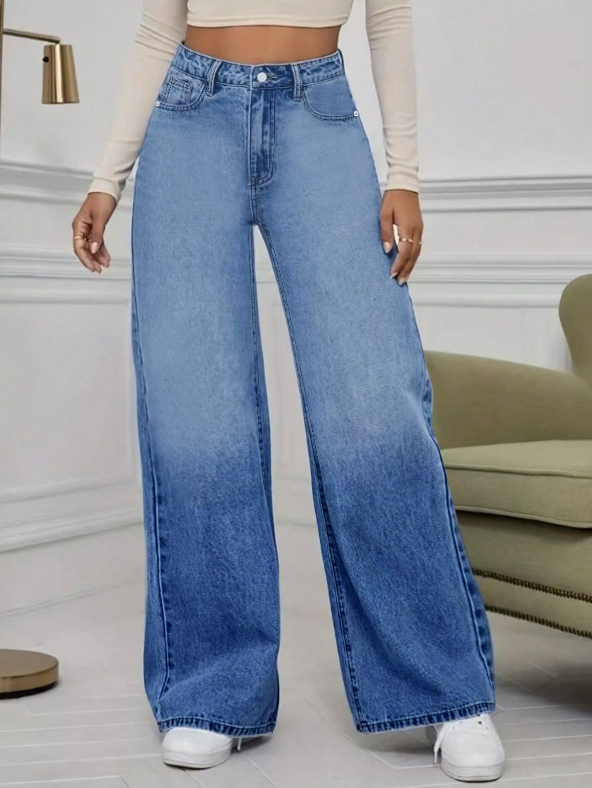 Vintage Washed Blue Jeans For Women – High Street Straight Leg Denim Pants (Blue, M-XL)_ecoleips.com