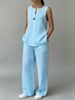 Women's Summer Cotton Linen Set Sleeveless Vest And Wide Leg Pants Two Piece Casual Fashion Mid Waist_ecoleips.com