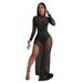 Women's Clothing Fashion Women's Solid Color Mesh Rhinestone Slit Long Skirt Dress_ecoleips.com