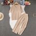 Women's Korean Style Solid Color Knitted Set V Neck Short Sleeve Loose Casual Sweater Top And Wide Leg Pants Two-Piece Clothing_ecoleips.com
