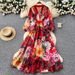 Women's Elegant V Neck Dress With Printed Lantern Sleeves Early Spring Long Sleeve Waist Tie A Line Long Skirt_ecoleips.com