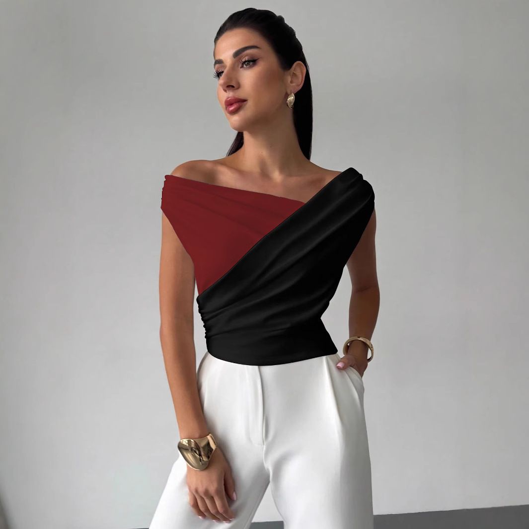 Women's Clothing Summer New Color Matching Oblique Shoulder Pleated Edge Slim Fit Thin Versatile Temperament Commuter Tops For Women_ecoleips.com