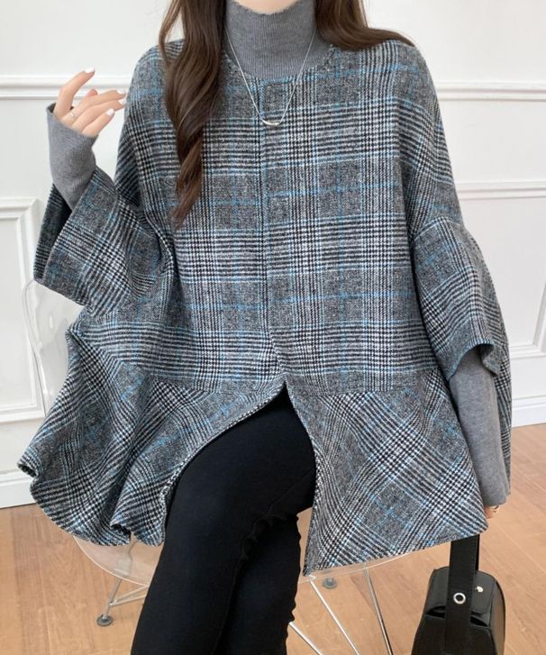 Japanese-Korean Style Plaid Wool-Like Coat – Oversized Open Front Tweed Jacket (Mid-Length, Button Closure, Unisex)_ecoleips.com