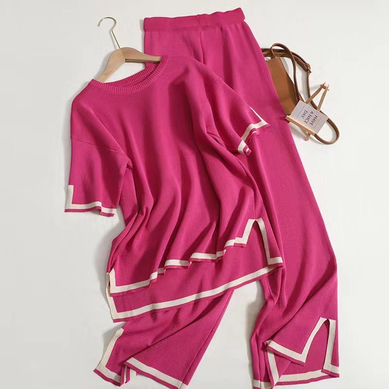 Fashion Two Piece Set Short Sleeved Sweater And High Waist Slim Wide Leg Trousers Contrasting Color Slit Design For Women_ecoleips.com