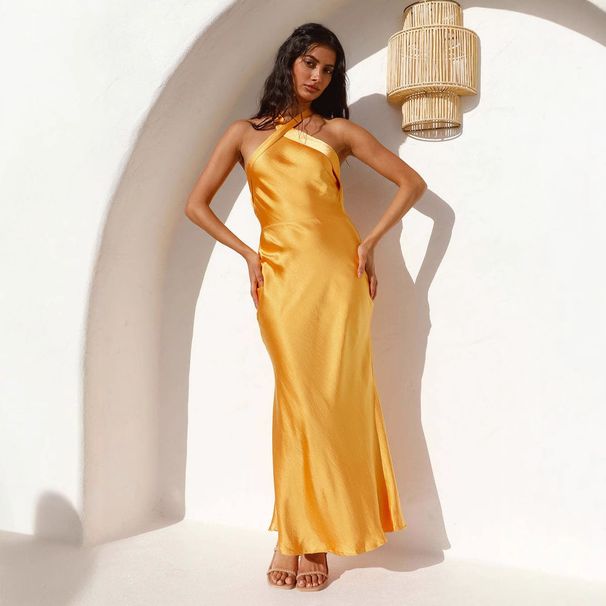2025 New Cross-Border Summer European And American Slim-Fit Solid Color Halter Neck Satin Party Dress_ecoleips.com