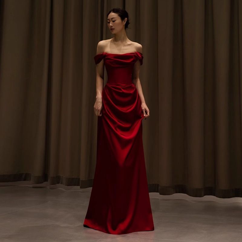 Women's Clothing One Shoulder Toast Dress High End Light Luxury Bride Engagement Dress New Style Small Tail Slim Satin Dress_ecoleips.com
